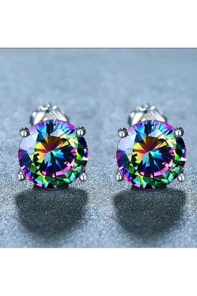 Öte Beri Öteberi Silver Stainless Tarnish Resistant 316l Surgical Steel Unisex Mystic Topaz Zircon Stone Double Earring Set
