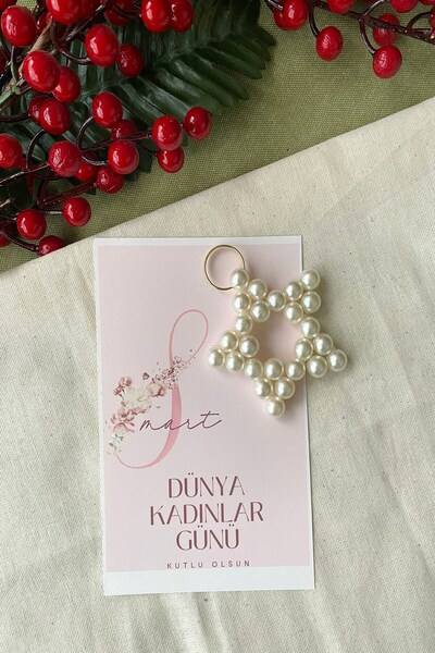 Emtory Home 8 Mart Hediyelik- 5 Adet İnci Yıldız Anahtarlık - Kadınlar Günü H...