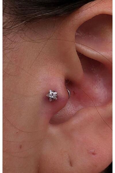 Arescollection Cerrahi Çelik Gümüş Renk Yıldız Tek Taş Tragus Helix Kıkırdak Conch Piercing