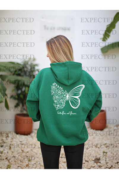 EXPECTED Hanorac oversize cu glugă, cu imprimeu floral, cu fluturi, pentru da...