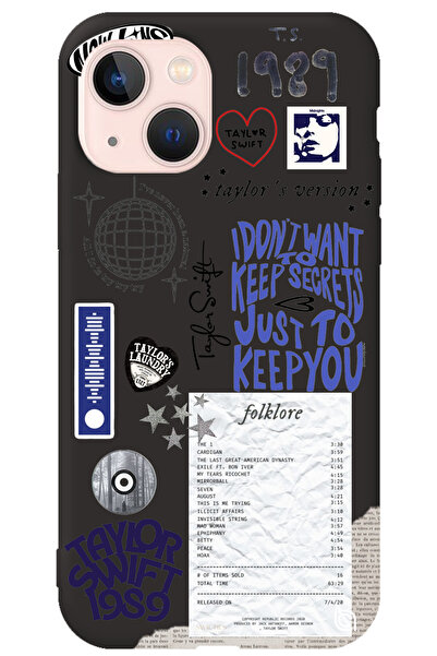 WANNA PROTECT iPhone 15 Siyah İçi Kadife Taylor Swift Sticker Desenli Silikon...