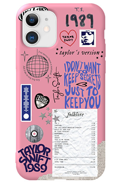 WANNA PROTECT iPhone 12 Pembe İçi Kadife Taylor Swift Sticker Desenli Silikon...
