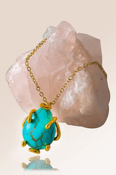 Tesbih Atölyesi Certified Drop Model Real Turquoise Stone Necklace - Altn Colored