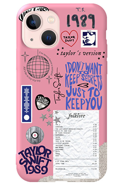 WANNA PROTECT iPhone 15 Pembe İçi Kadife Taylor Swift Sticker Desenli Silikon...
