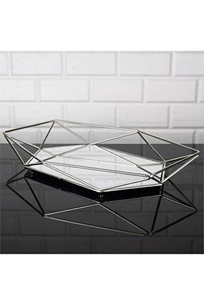 Leila Prizma Aynalı Sunum Tepsi Gümüş 46x32cm