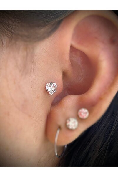 Arescollection Cerrahi Çelik Tek Taş Kalp Tragus Helix Kıkırdak Piercing