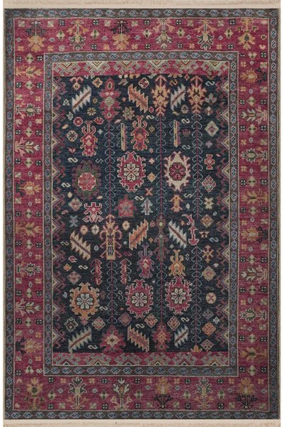 Rugs Modern Halı Pink Navy Blue Themed Traditional Motif Floral Patterned Fri...