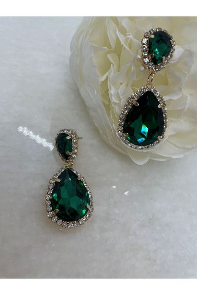 MFM STORE Green Crystal Stone Drop Model Gift Earrings