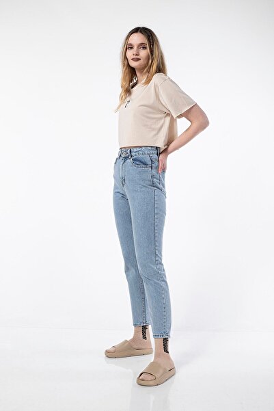 BOSHETTI Kadın Mavi Yüksek Bel Basic Mom Fit Jean