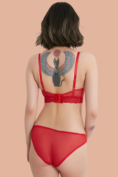NurPeri İç Giyim Women's Red Bralet Padded Supported Underwire Bra and Panty Underwear Set