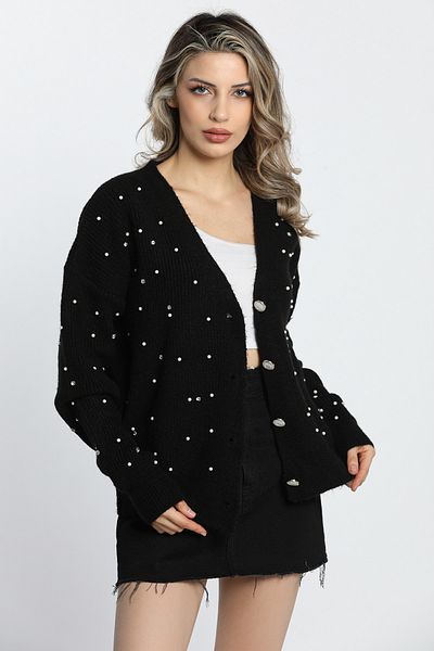 GÜLSELİ Black Pearl and Stone Knitwear Cardigan for Women