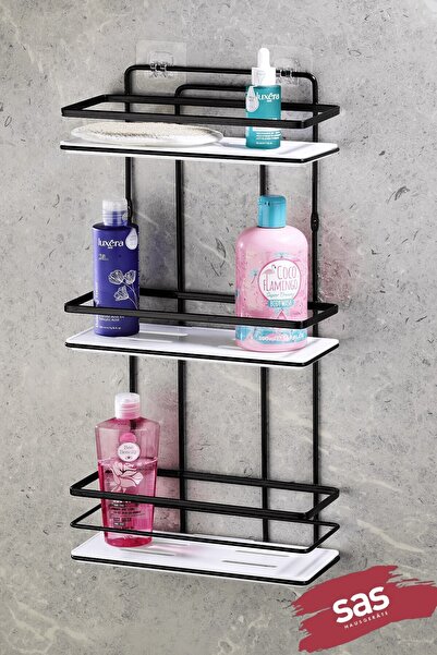 Sas Haus Lepilna podesiva polica, organizator za kupatilo, držač šampona, crn...