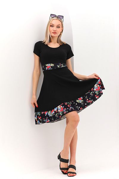 MaxiMor Rochie midi evazată cu mânecă scurtă, cu gât rotund, culoare neagră, lungime 100 cm