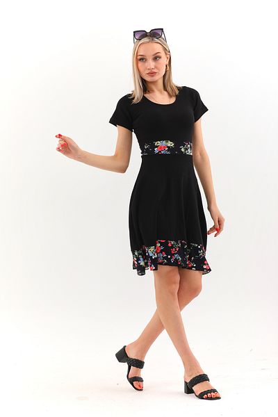 MaxiMor Rochie midi evazată cu mânecă scurtă, cu gât rotund, culoare neagră, lungime 100 cm
