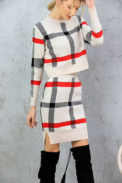 ALCHON Round Crew Neck Color Block Striped Short Sweater Elastic Waist Slit Skirt Double Knitwear Set