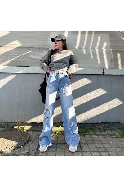 Gofeel Harajuku Blue Star Detail Wash Baggy Jeans
