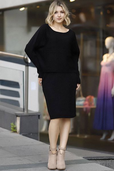 ALCHON Gât de barcă Mâneci lungi cu snur de liliac Păr împletit cu model Pulover scurt cu fustă cu talie elastică Tricoturi Set dublu