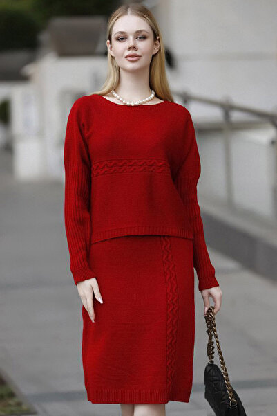 ALCHON Csónaknyak hosszú denevér bordás ujjú haj fonott mintás rövid pulóver derék rugalmas szoknya kötöttáru kétrészes szett