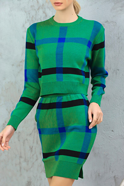 ALCHON Κοντό πουλόβερ με στρογγυλή λαιμόκοψη, έγχρωμη ρίγα, ελαστική μέση, φούστα με σχισμή, σετ πλεκτών δύο τεμαχίων