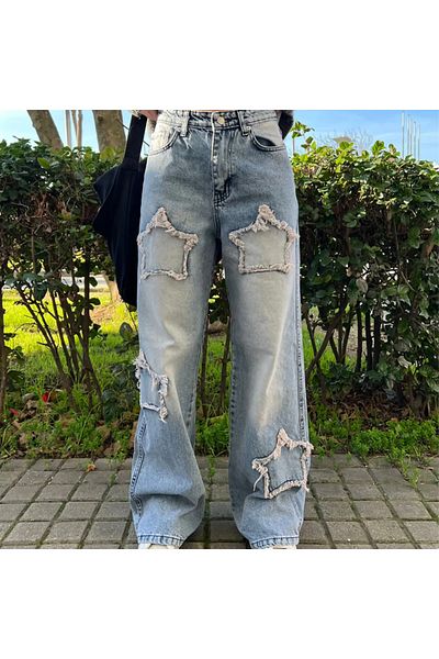 Gofeel Harajuku Blue Star Detail Wash Baggy Jeans