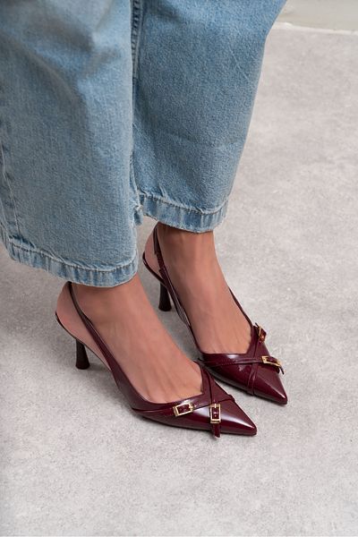 NİŞANTAŞI SHOES Platte Claret Red Patent Leather Belt Detail Ankle Strap Women's Heeled Shoes