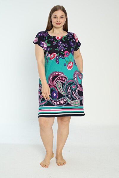 İntensive Women's Patterned Short Sleeve Pocketed Combed Cotton Modal Plus Size Dress