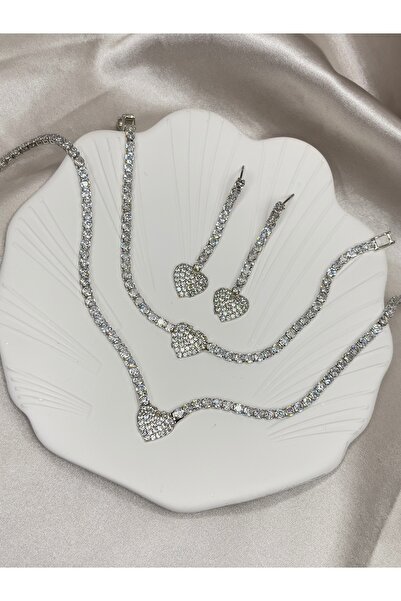 VELİT VOLA Taşlı Kalp Su Yolu Kolye Bileklik & Küpe Çelik Set Takım