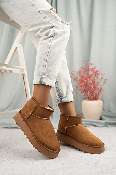 TOBAİ İçi Kürklü Kışlık Mini Süet Düz Ortapedik Taban Sıcak Tutan Yarım Bot Kadın Ayakkabı