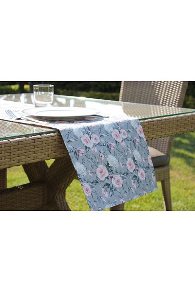 Karma Home Gray Pink Rose Patterned Digital Printed Runner