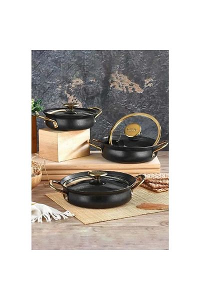 Zagori Oms 6 Piece Black Gold Copper Model Granite Casting Sahan Set with Cover Black 16 cm 18 cm 20 cm