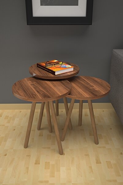 Limnizza 3’lü Yuvarlak Zigon Sehpa Takımı – Ahşap Ayaklı, Modern Tarz, Kahve ...