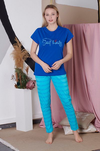 MyBen Women's Short Sleeve Text Printed Saks Pajama Set K-20144