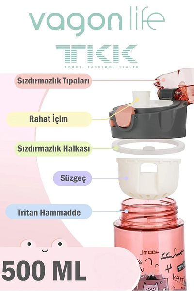Vagonlife Tkk T-1008 Pink 500ml Patterned Water Bottle