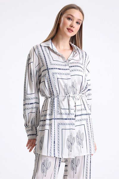 MD trend Women's Ethnic Patterned Belted Wide Leg Trousers and Balloon Sleeve Tunic Bottom-Top Satin Set