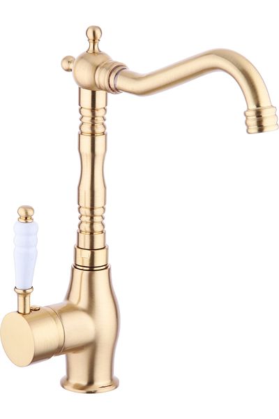 İSAOĞLU YAPI Kitchen Faucet Gold Sink Tap Embroidered Porcelain Fixture Vintage Design Sink Faucet Gold