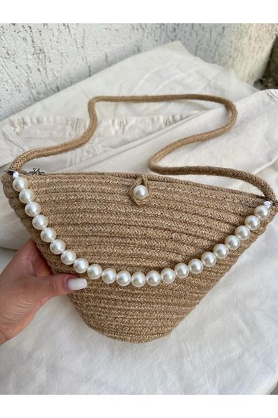 LEATHEROO Geantă de umăr cu design perlat de iută pentru femei