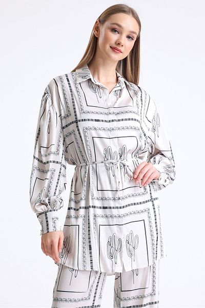 MD trend Women's Ethnic Patterned Belted Wide Leg Trousers and Balloon Sleeve Tunic Bottom-Top Satin Set