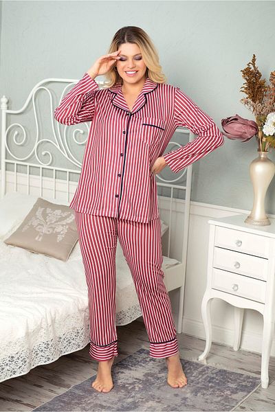 MyBen Women's Fuchsia Colored Cotton Lycra Buttoned Striped Pijama Pajama Set 10093