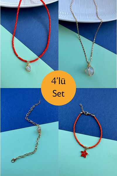 Saltos Set of 4| Birthday Gift| Moon Stone Gold Necklace and Bracelet & Sand Bead Necklace and Bracelet