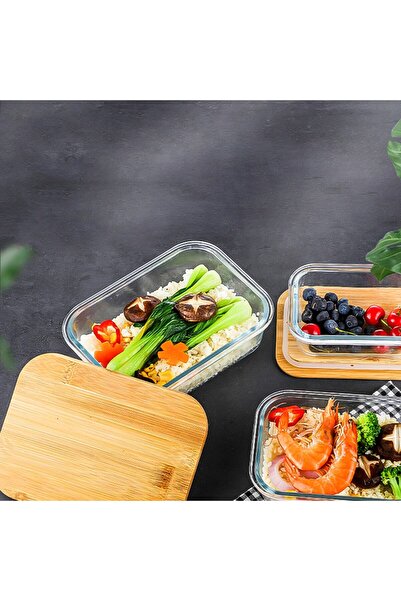 Senin Dükkanın 3-Piece Rectangular Vacuum Bowl Glass Storage Container with Bamboo Lid (640-1000-1500 ML)