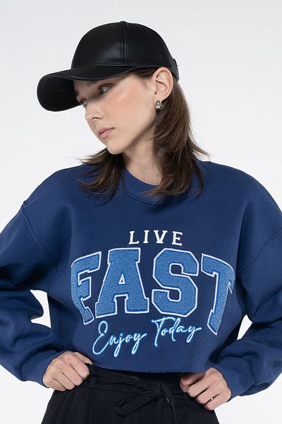 Friday Offset Γρήγορο γυναικείο φούτερ με λαιμόκοψη Navy Blue Extra Oversize Crop - Ροζ ροζ 3 νήματα
