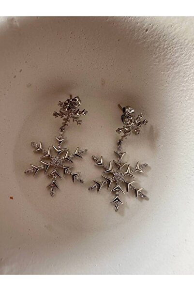 Esmeray Aksesuar Vip Çelik Platin Renk Zirkon Taş Antialerjik Kar Tanesi Sallantılı Özel Seri Küpe Uzunluk 3,5 m.