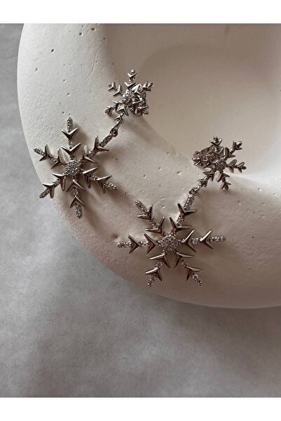 Esmeray Aksesuar Vip Çelik Platin Renk Zirkon Taş Antialerjik Kar Tanesi Sallantılı Özel Seri Küpe Uzunluk 3,5 m.