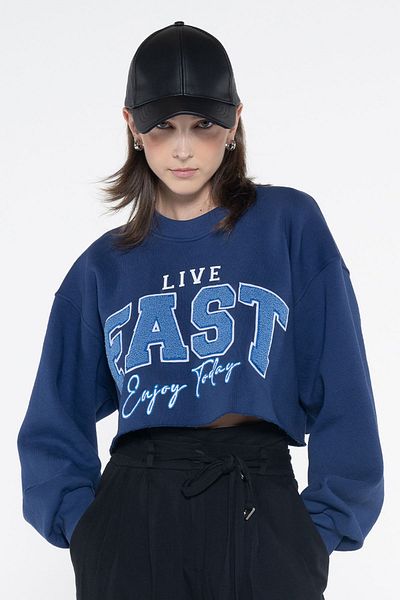 Friday Offset Γρήγορο γυναικείο φούτερ με λαιμόκοψη Navy Blue Extra Oversize Crop - Ροζ ροζ 3 νήματα
