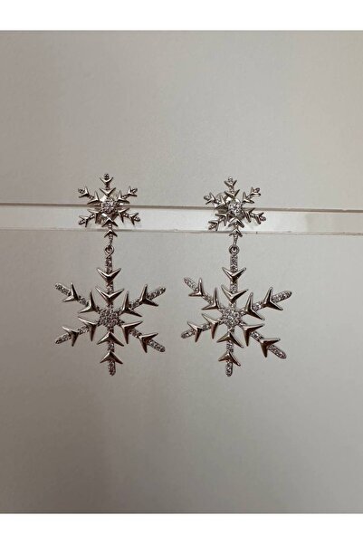 Esmeray Aksesuar Vip Çelik Platin Renk Zirkon Taş Antialerjik Kar Tanesi Sallantılı Özel Seri Küpe Uzunluk 3,5 m.