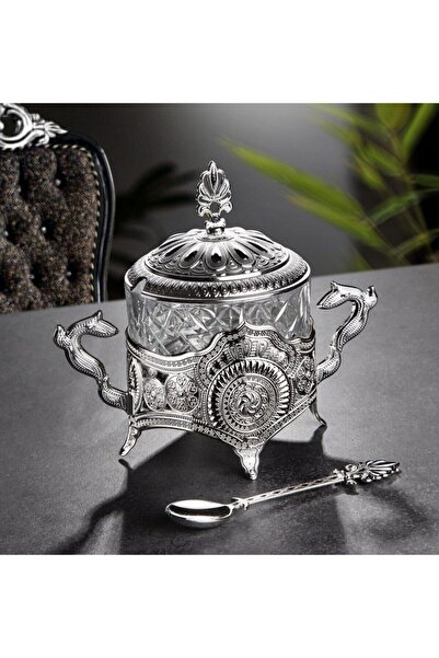 WuuQ Lüx- Kaşıklı Cam Şekerlik , Reçellik Baharatlık, - Gümüş