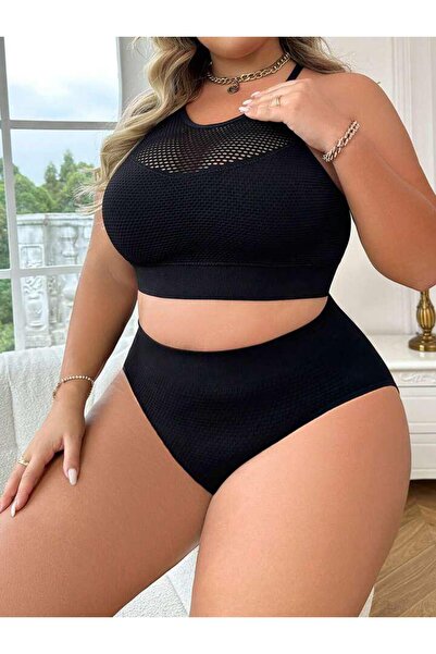 Fancy&Dancy Kadın Siyah File Detaylı Büyük Beden İç Çamaşır Takımı