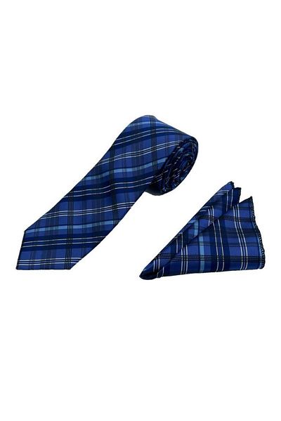 Brianze Blue and White Plaid Pattern Tie Handkerchief Set