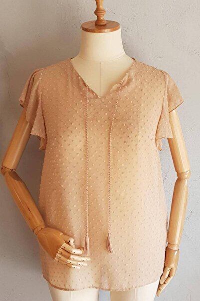 Hanezza Kadın Büyük Beden Şifon Kol Fırfır Detaylı Krem Renk Kısa Kol Bluz ( Iç Askılı Bluz Ile Gönderilir )