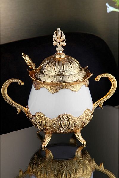 WuuQ Porcelain Sugar Bowl with Lid and Spoon, Spice Bowl - Gold